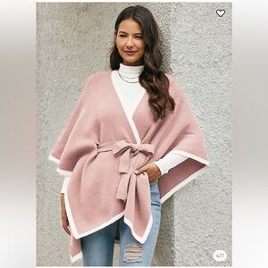Ador OSFM pink and cream belted sweater cardigan shawl poncho